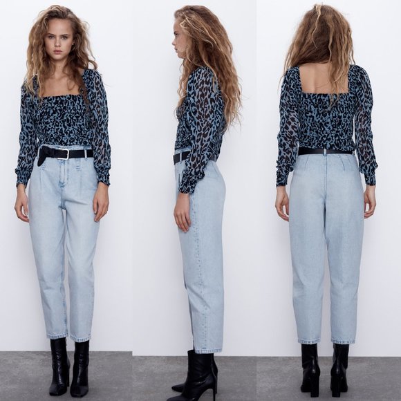 NEW Zara Blue Leopard Animal Square Neck Crop Top - Picture 3 of 9